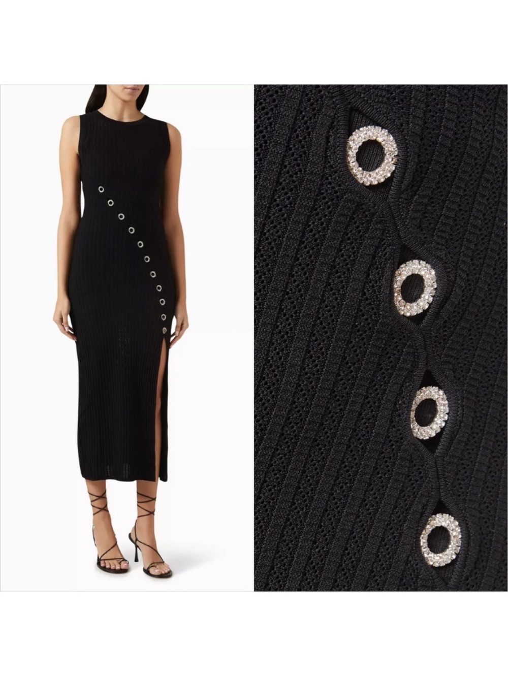 Sandro sleeveless Black Ribbed Midi Dress with Diagonal Eyelet Detail!NWT 36 - Picture 3 of 3